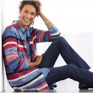 J. Jill Women 2X Shawl Collar Duster Cardigan Cotton Linen Blue Red Striped Cozy